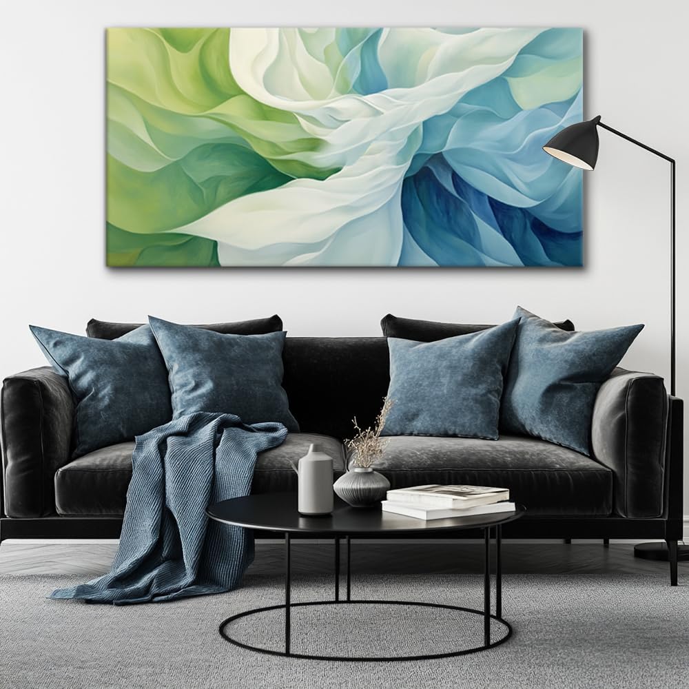 LASMOND Abstract Lines Wall Art for Living Room Canvas Prints Aqua Turquoise Blue Green Artwork Paintings Decor Bedroom Office Girl Woman (58x28 Inches)