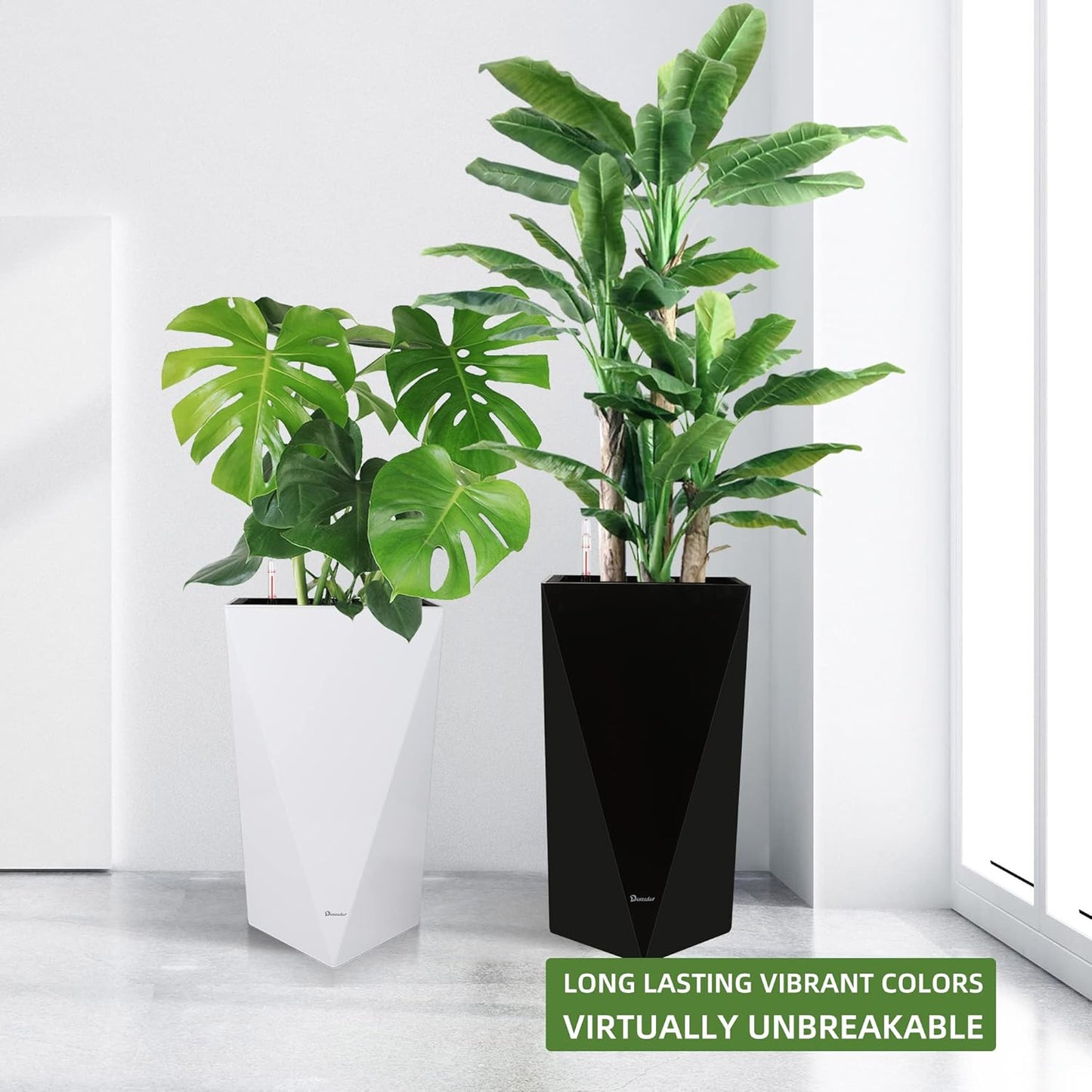 Dexceder 24 Inches Tall Self Watering Planter Diamond High Gloss Indoor Outdoor, Thickened Rhombus Large Floor Standing Flower Plant Pot with Water Level Indicator (Black)