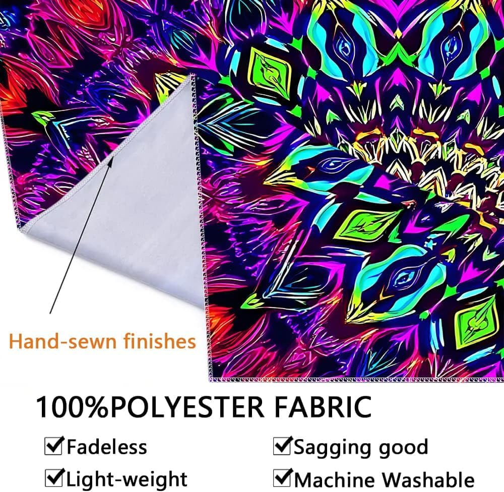 PSYHILAR Blacklight Mandala Tapestry for Bedroom, Medium Black Light Posters for Adults and Teens, Colorful UV Reactive Aesthetic Bohemian Wall Art Decor (60 x 50 Inches)