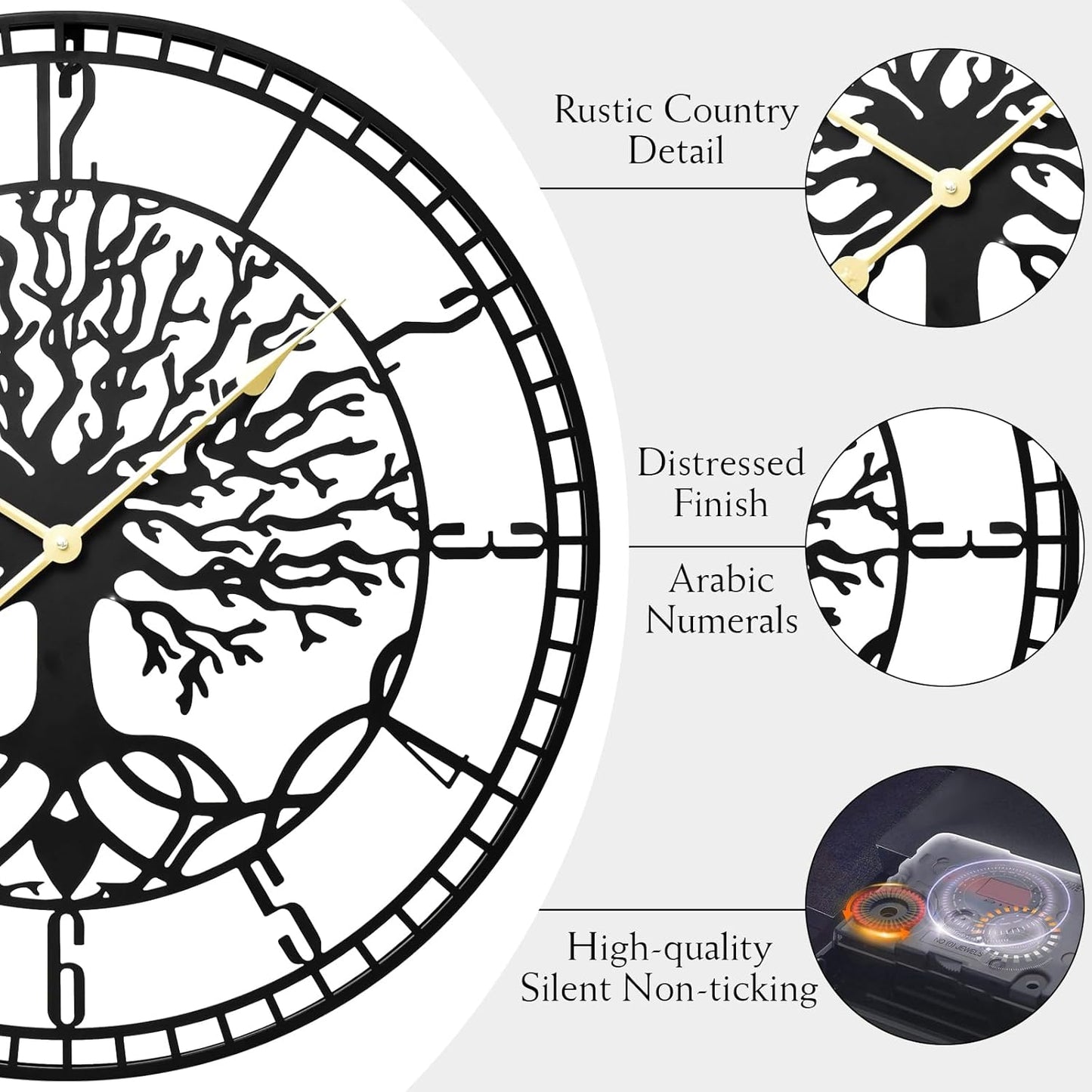 Tree of Life Wall Clock – Elegant 24-Inch Oversized Metal Farmhouse Decor for Living Room, Modern Battery Operated Wall Clock with Silent Operation