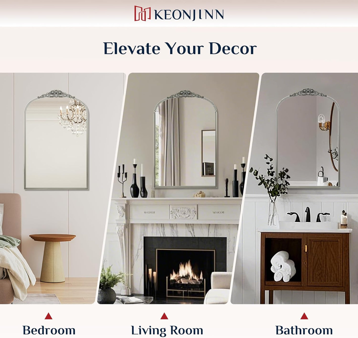 Keonjinn Vintage Mirror for Wall, 36" x 30" Silver Antique Mirrors with Metal Frame, Baroque Style Decoration for Mantle, Bathroom, Living Room, Fireplace, Bedroom, French Cleat Mounting