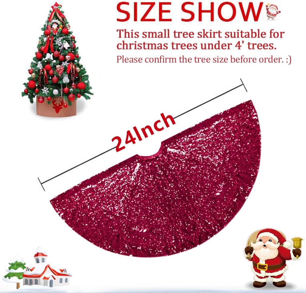 Partisout 24-inch Burgundy Sequin Christmas Tree Skirt - Sparkle & Shine Rustic Xmas Tree Skirt for Party, Wedding, and Holiday Decor