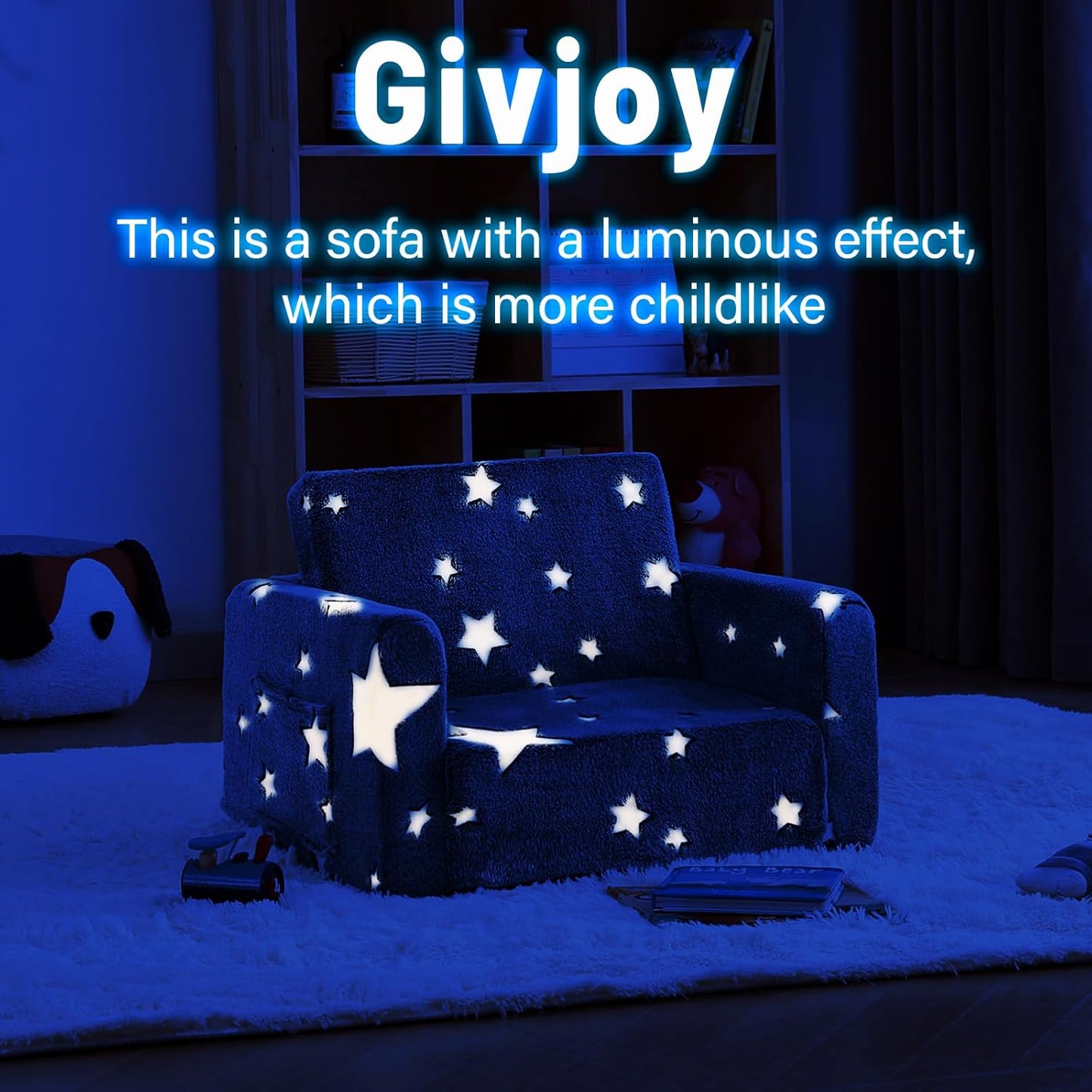 Toddler Chair Plush Kids Couch, 2-in-1 Comfy Armchair Removable and Washable Cover Carrying Handle, Convertible Reading Chair Toddler Couch for Girls and Boys, Glow in The Dark Grey Star