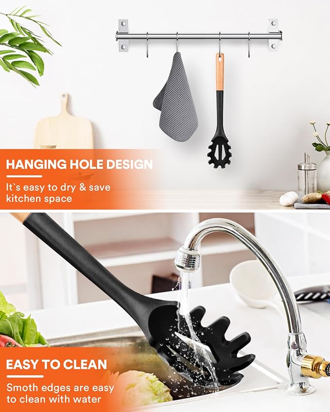 Silicone Pasta Fork, Kitchen Heat Resistant Noodle Spoon Server, BPA Free Spaghetti Strainer,12.8 inch (Black)