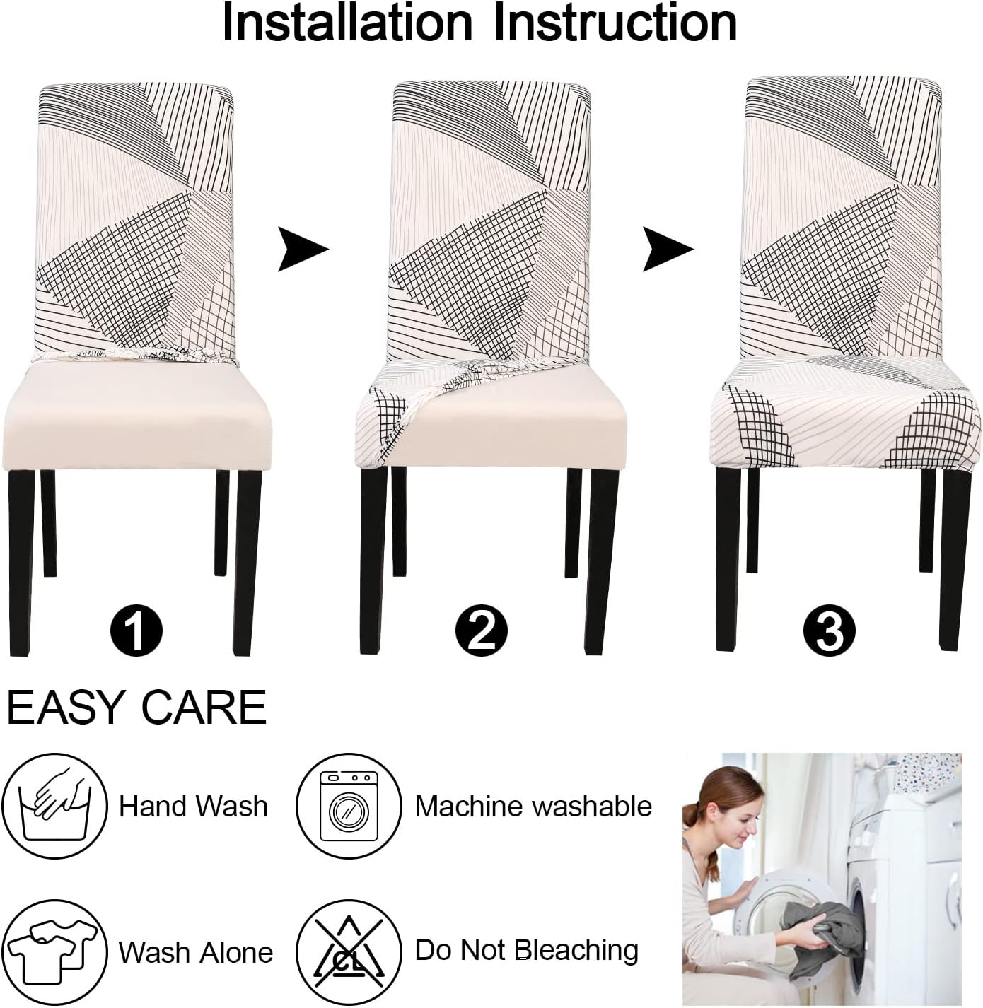 JQinHome White Chair Covers for Dining Room Set of 6, High Stretch Removable Washable Parsons Chair Slipcover for Home Party Hotel Wedding Ceremony (6PCS, Geometric)