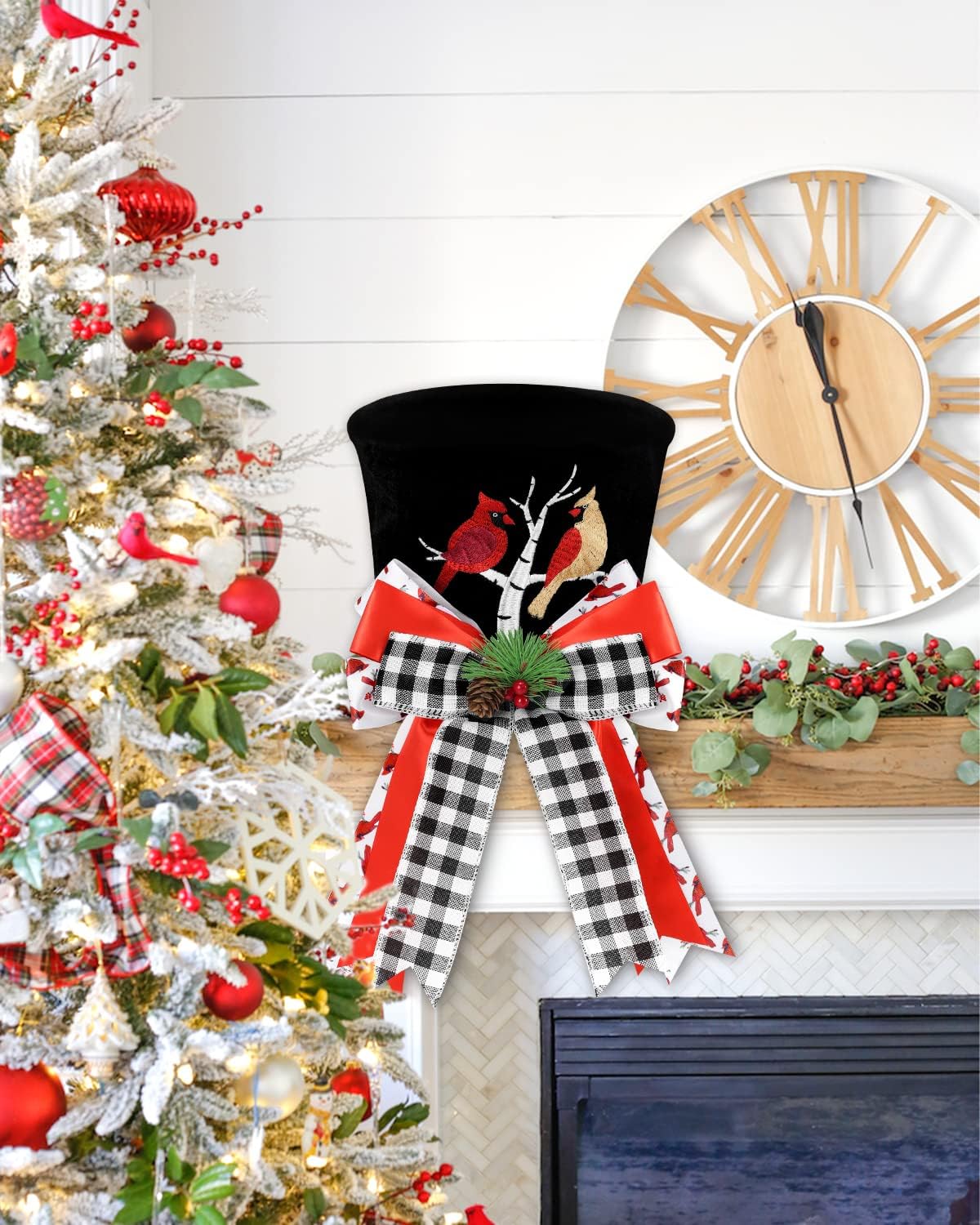 Cardinal Christmas Tree Topper Top Hat with Buffalo Plaid Check Bows Xmas Couple Cardinals on Tree Ornament Winter Holidays Home Decoration Memorial Sympathy Gift for Him Her
