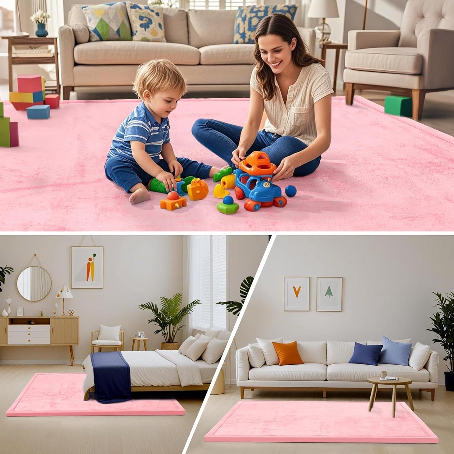 ACOMOPACK Baby Play Mat for Floor,1.3" Thick Memory Foam Area Rug for Living Room,Soft Velvet Crawling with Non-Slip Bottom for Kid,Toddler,79"×157" Tummy Time Nursery Rugs,Yoga(Pink)
