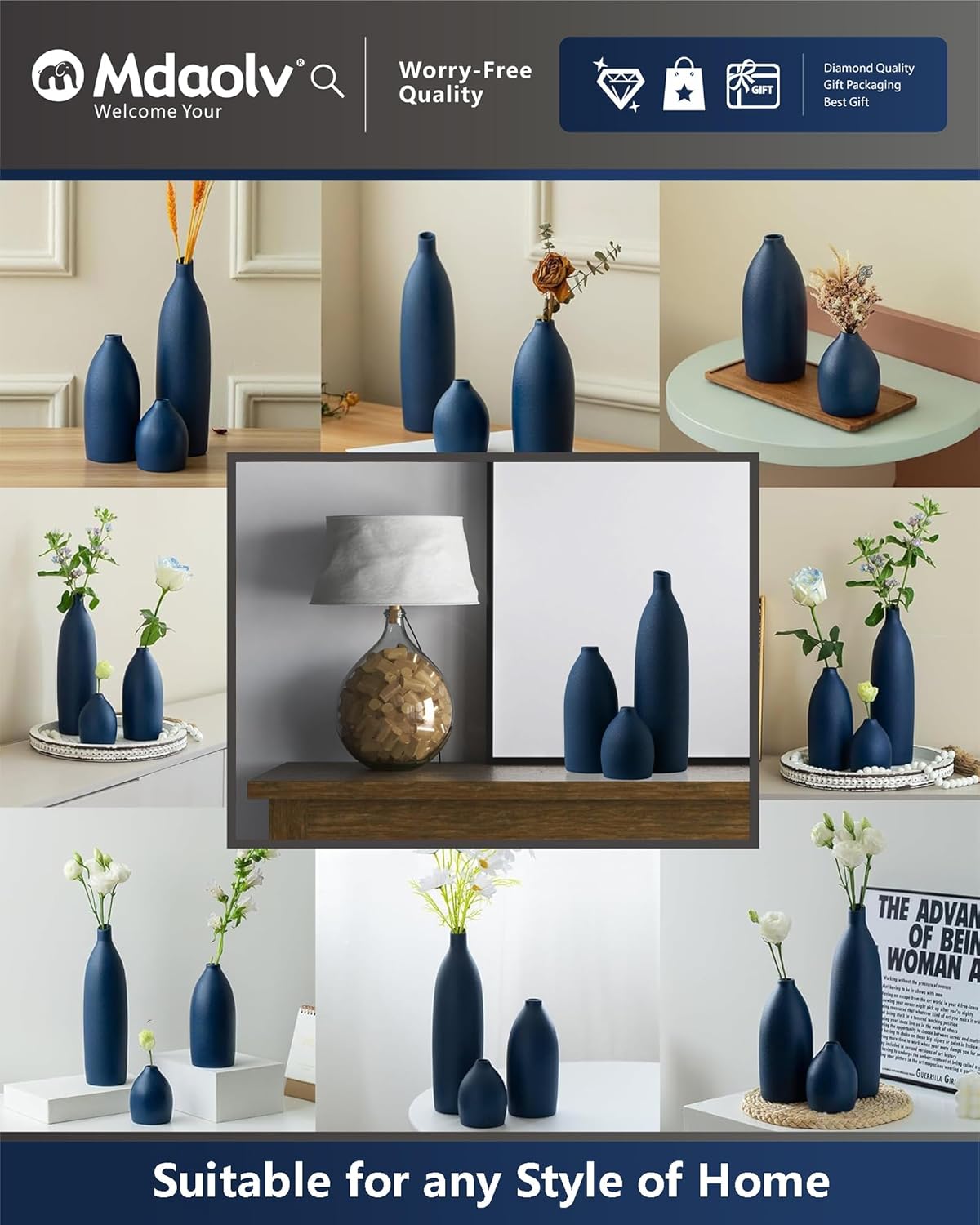 Matte Blue Vase Set Navy Blue Decor Coastal Decor Vases for Kitchen Island Living Room Office Table Fireplace Mantle Decorations & Bathroom Shelf Decor Centerpiece Table Decorations Ceramic