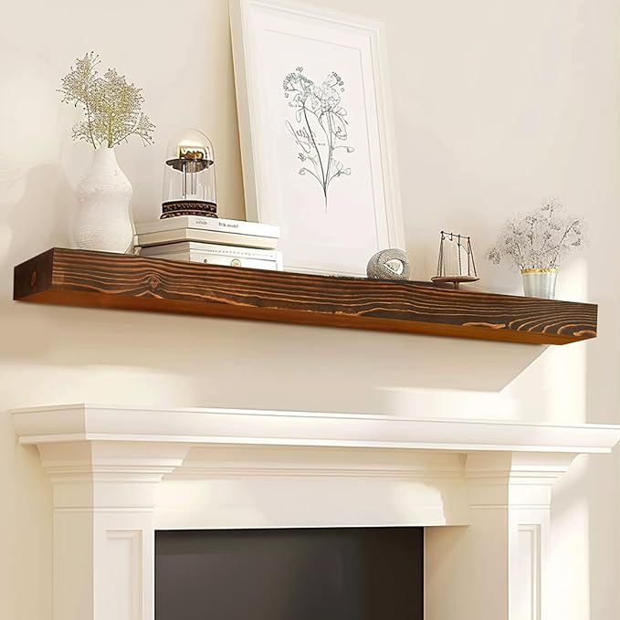 60x8x3 Fireplace Mantel - Solid Rustic Wood - Wall Mounted Floating Shelf with Invisible Heavy Duty Steel Bracket (Weathered Brown)