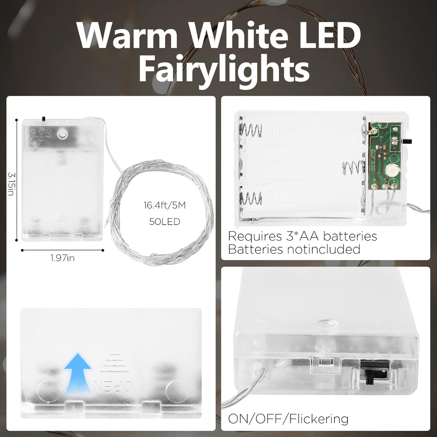 Fairy Lights Battery Operated String Lights 16.4ft 50LED Flashing and Constant Light Waterproof Silver Wire for Christmas DIY Party Bedroom Wedding (White, 4 Pack)