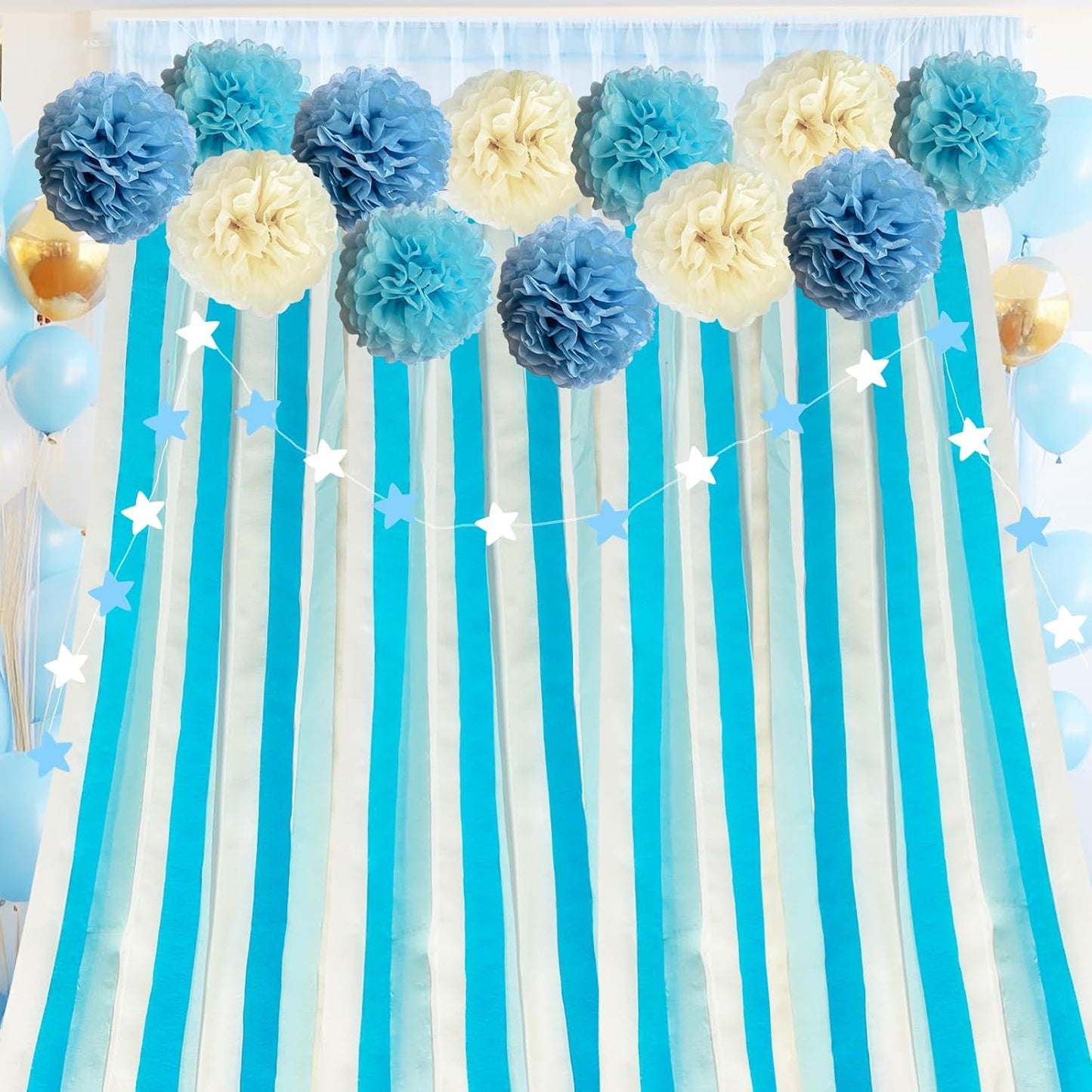 Blue Party Streamers Decorations Paper Pom Poms Fringe Backdrop for Wedding Decor, Birthday, Bachelorette, Baby Shower, Party Backdrop