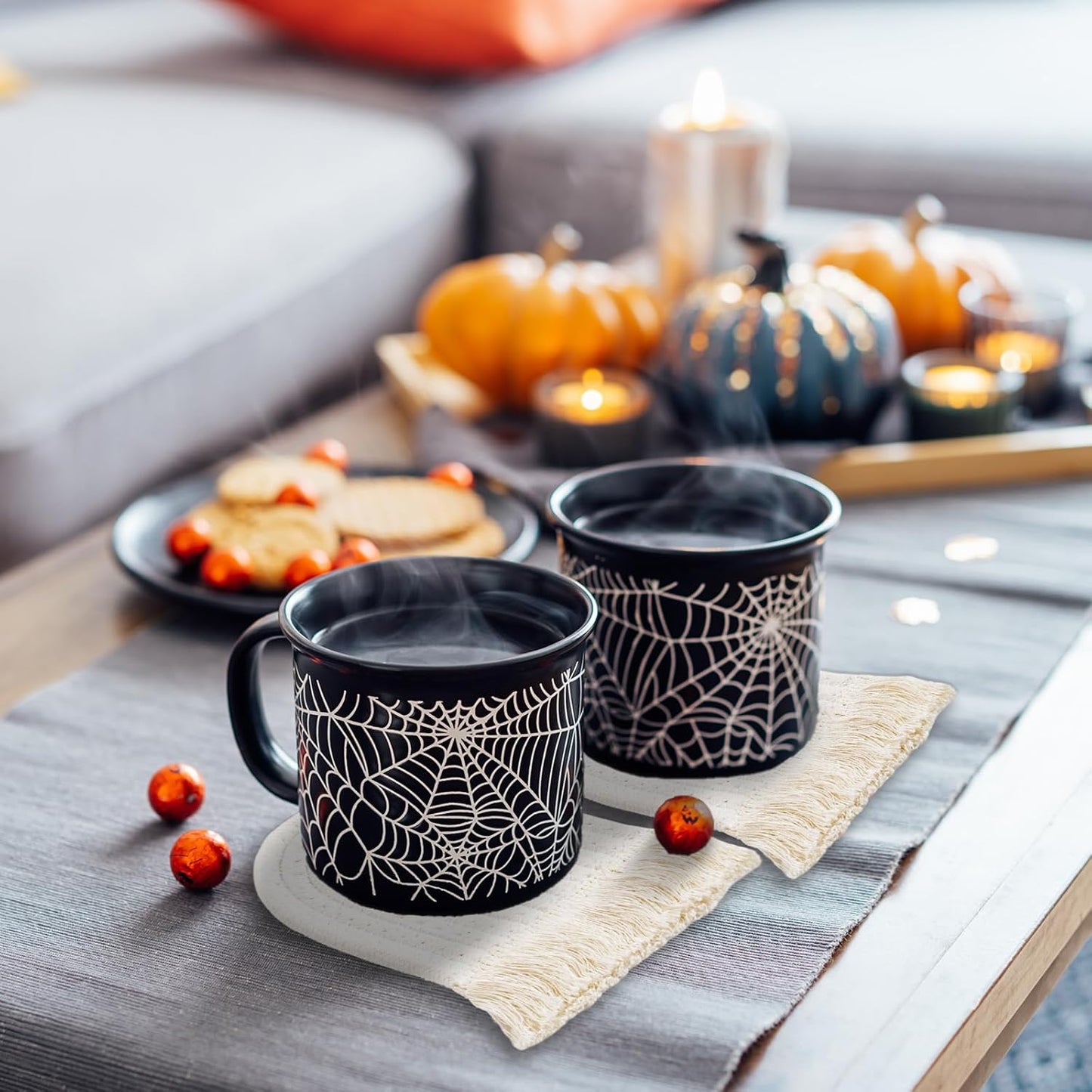 Whaline Halloween Ghost Cotton Coasters Cute White Ghost Shape Handmade Braided Drink Coasters Absorbent Cup Mats for Trick or Treat Party Home Table Decor, Set of 4