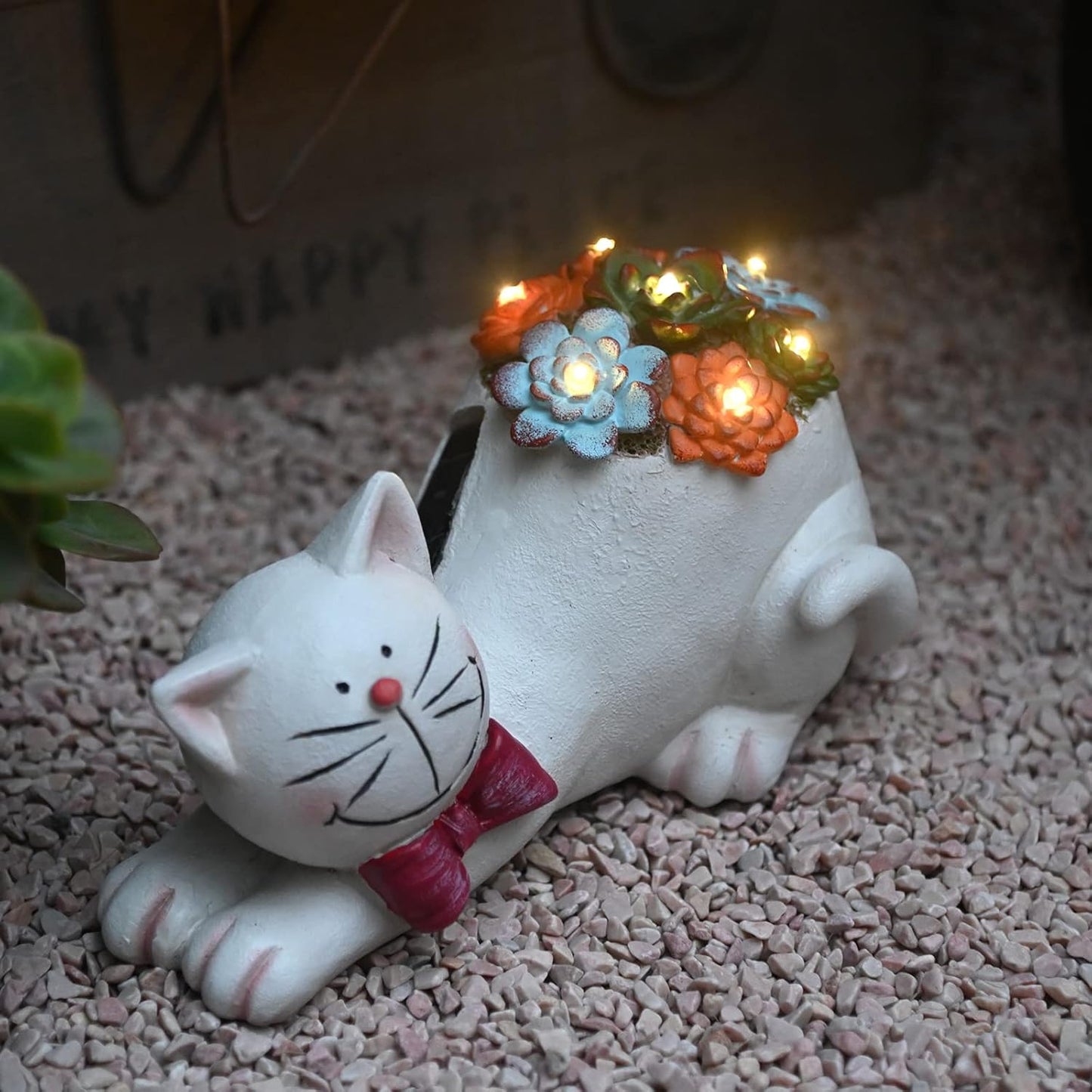 Cat Garden Figurines Outdoor Decor Solar Statue with Succulent and LED Lights for Patio Lawn Yard Art Decoration Housewarming Garden Gift