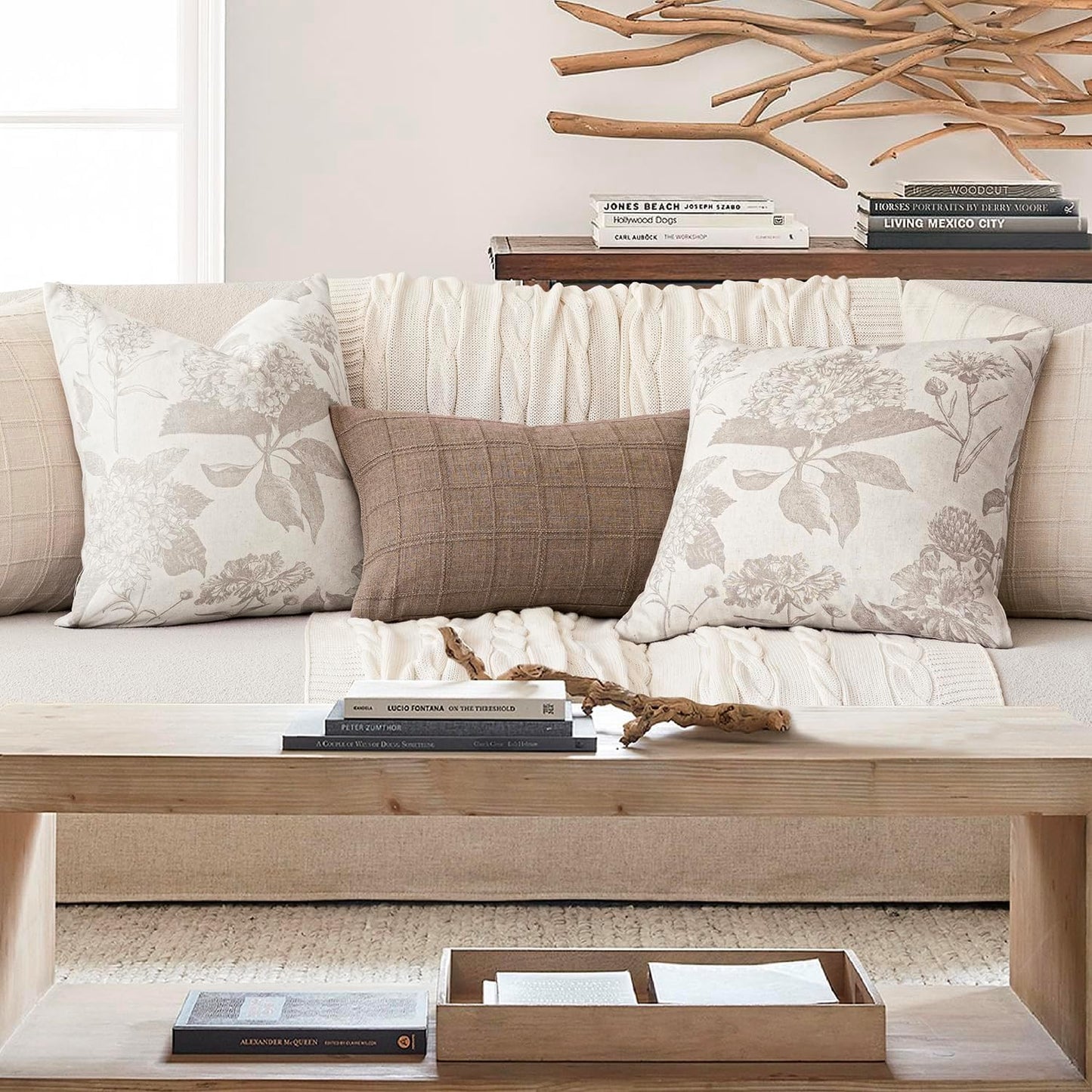 Foindtower Set of 2 Linen Floral Vintage Throw Pillow Covers Neutral Accent Decorative Cushion Covers Farmhouse Boho Home Decor for Sofa Chair Couch Bedroom Living Room Outdoor,20×20 Inch,Tan Beige