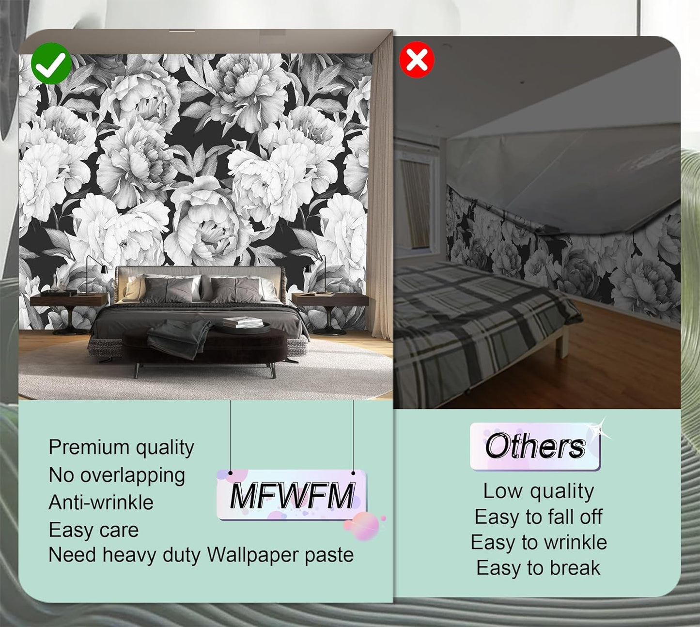 Black and White Peonies Wallpaper Watercolor Floral Mural Wallpaper for Bedroom Living Room (Not Peel n' Stick)