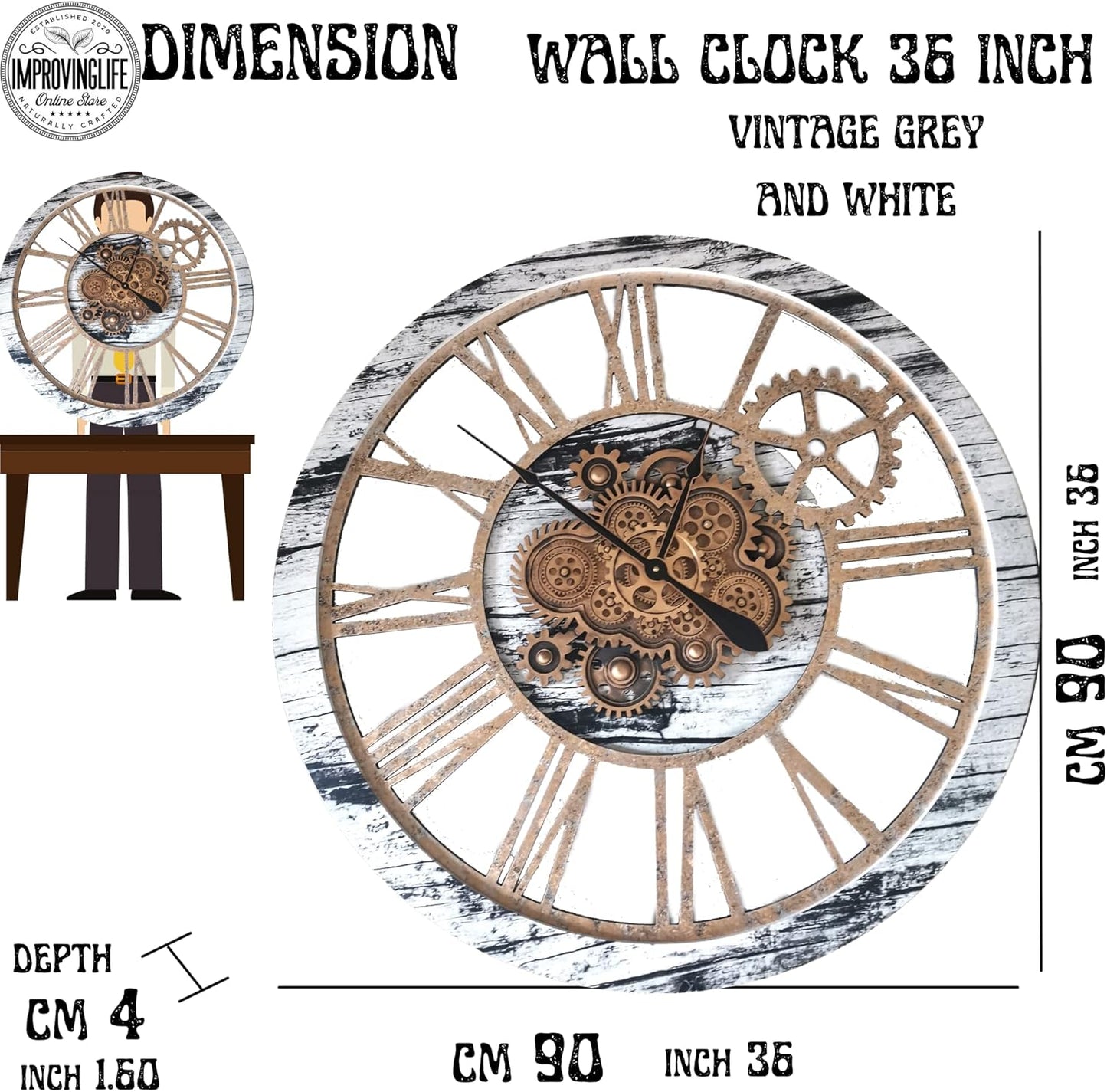 The Gears Clock 36'' Inch Real Moving Gear Wall Clock Vintage Industrial Oversized Rustic Farmhouse (Vintage Grey and White)