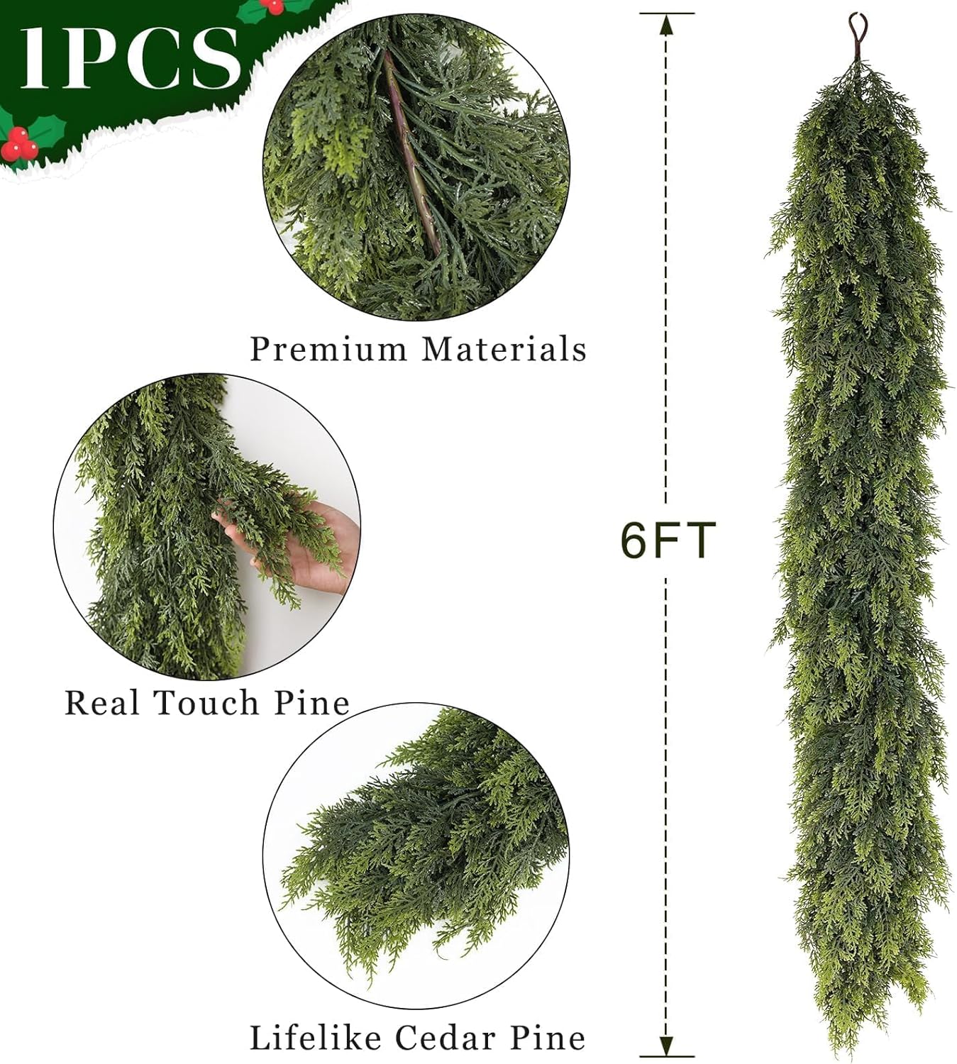Real Touch Cedar Garland - Artificial Christmas Garlands Faux Green Cedar Fake Pine Needles Garland for Fireplace,Table, Stairs, Mantle, Window,Indoor Outdoor,Home,Holiday Decor(1 PCS,6 FT)