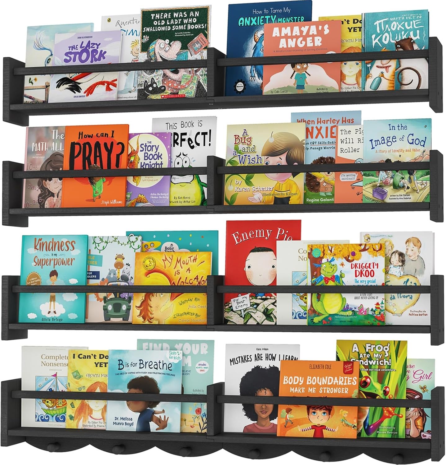 34Inch Nursery Bookshelves,Set of 4,Wall Floating Shelf Kids Coat Rack with 6Hooks,Hanging Book Shelf for Baby Nursery Room Décor ,Patent Number: 29958098(Black, 34)