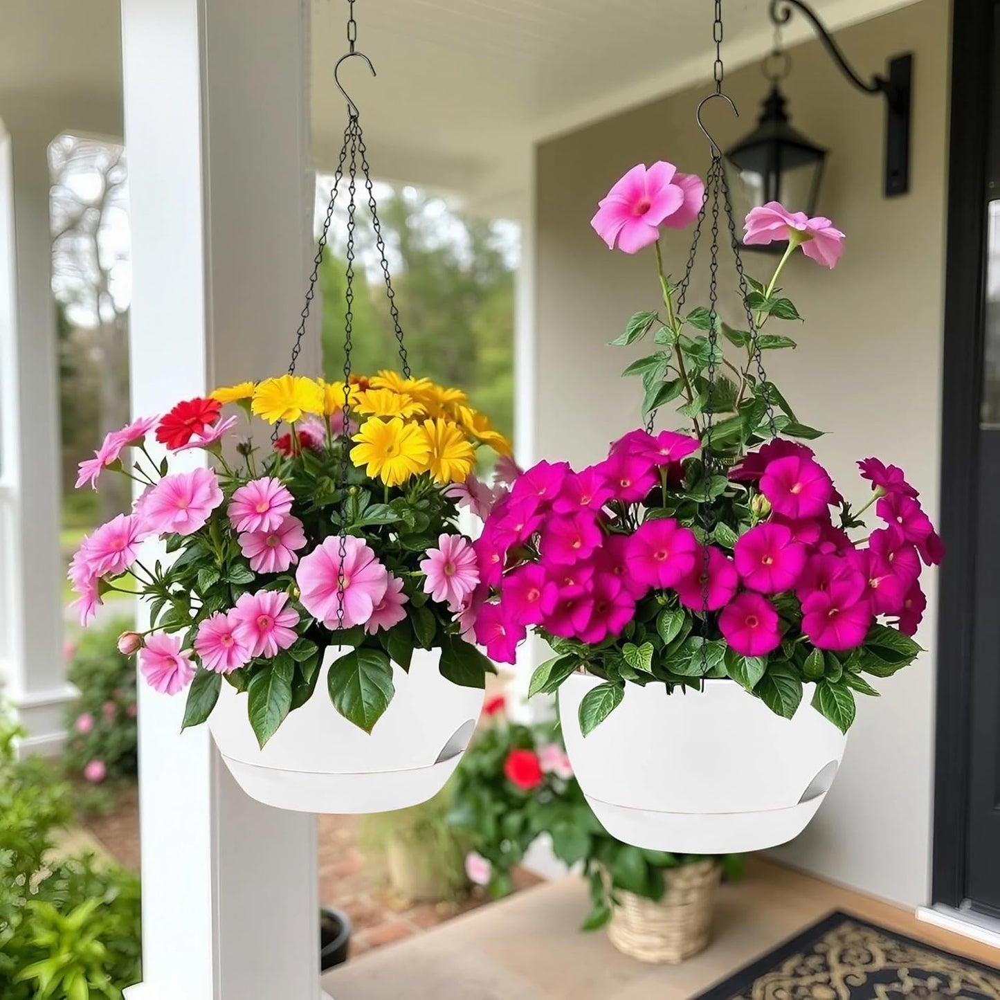 2 Pack Hanging Planters for Indoor Outdoor Plants, 8 Inch Self Watering Hanging Pot with Drainage Holes and Saucer, Plastic Plant Pots, White Flower Pots for Kitchen, Balcony, Garden