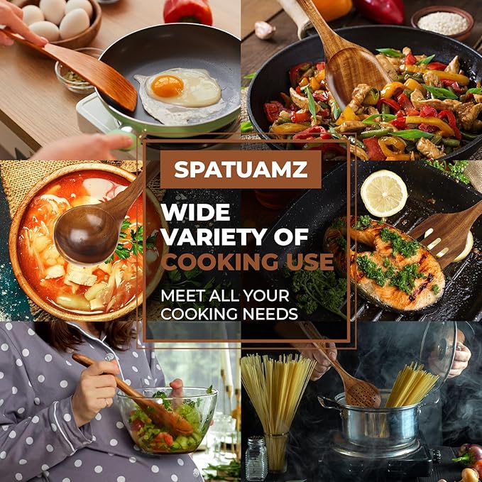 SPATUAMZ Wooden Spoons for Cooking, Teak Wood Kitchen Utensil Set for Nonstick Cookware, Durable Cooking Spatulas Set of 9 with Holder and Spoon Rest