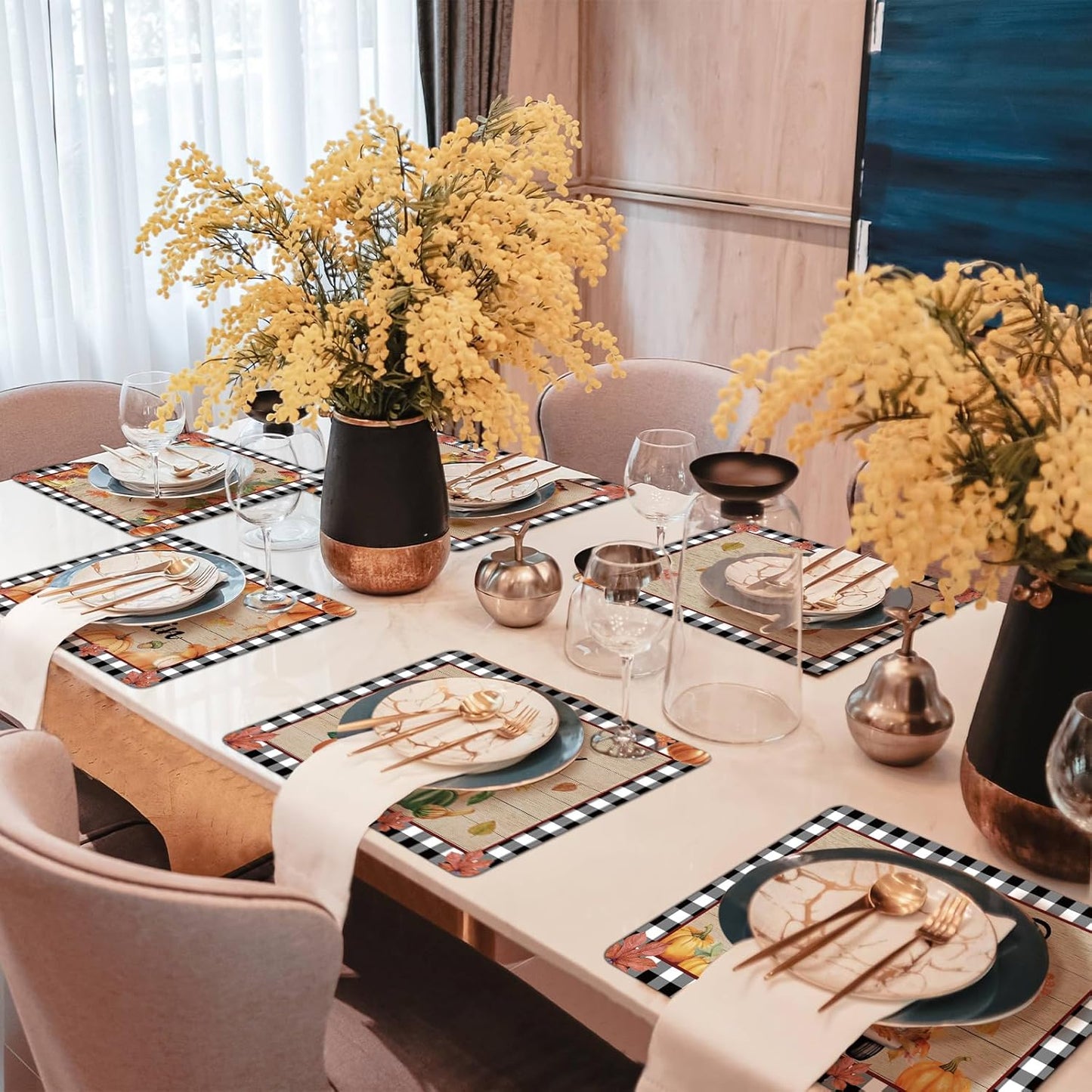 Fall Placemats Set of 6 Buffalo Plaid Thanksgiving Plastic Table Mats Autumn Vintage Maple Leaf Place Mats Pumpkins Truck Leaves Fall Table Decoration for Indoor Outdoor Party Kitchen Dining