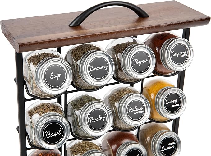 Orii 16 Jar Acacia Wood & Metal Wire Spice Rack with Spices Included, Storage for Spices and Seasoning, Black & Brown