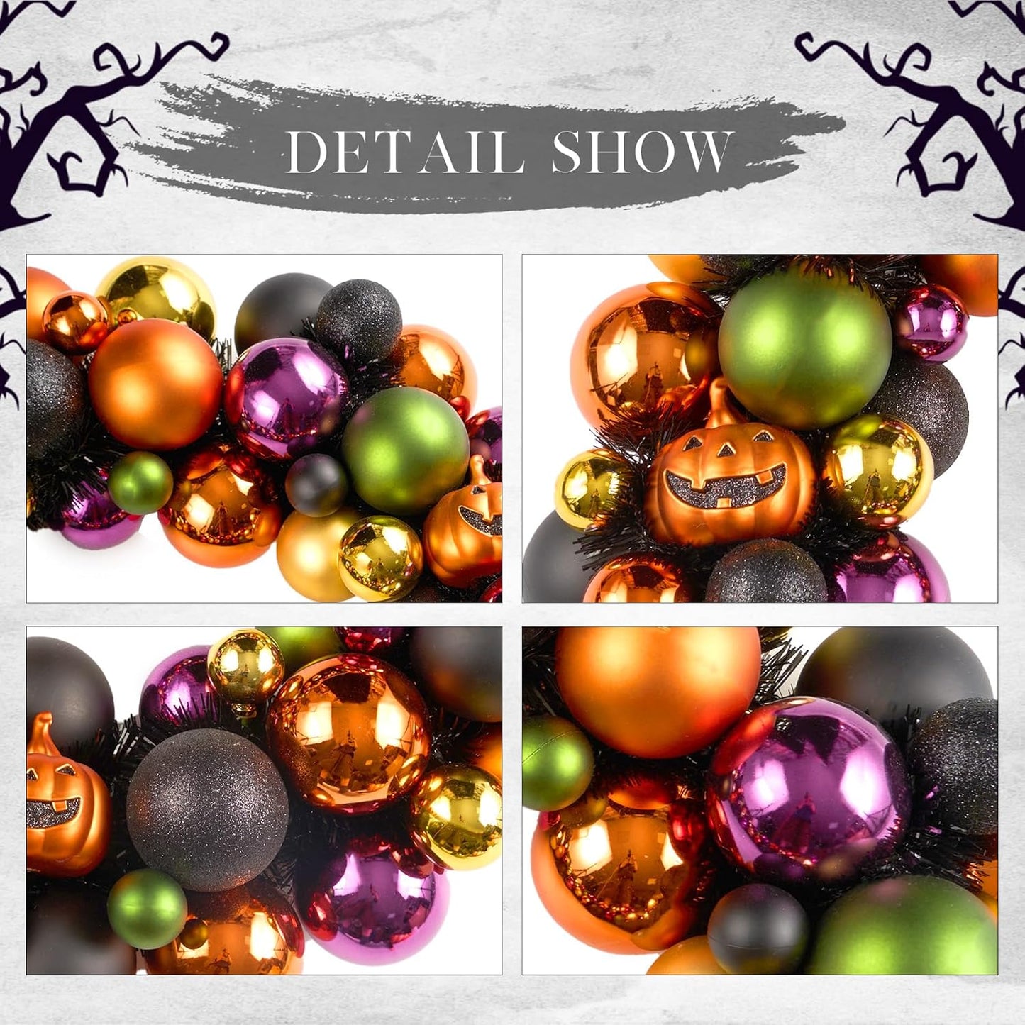 JORNOY 20inch Large Halloween Ball Wreath with Ghost & Pumpkin Accents - Seasonal Orange/Black Wall Hanging, Front Door, Mantel, Porch Decor for Home