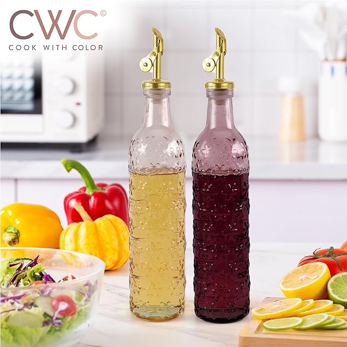 COOK WITH COLOR Glass Olive Oil Bottle Dispenser - 2 Pack- 17oz Oil and Vinegar Cruet - Olive Oil Carafe Decanter for Kitchen