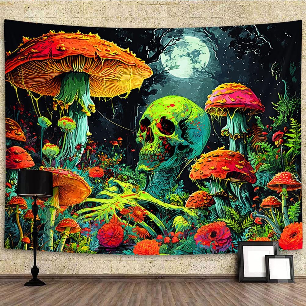 Xiaoput Blacklight Skull Tapestry, Black Light Skeleton Tapestry for Bedroom, UV Reactive Neon Gothic Tapestry for Men, Glow in Dark Trippy Forest Tapestry Wall Hanging for Home Decor,70X60IN
