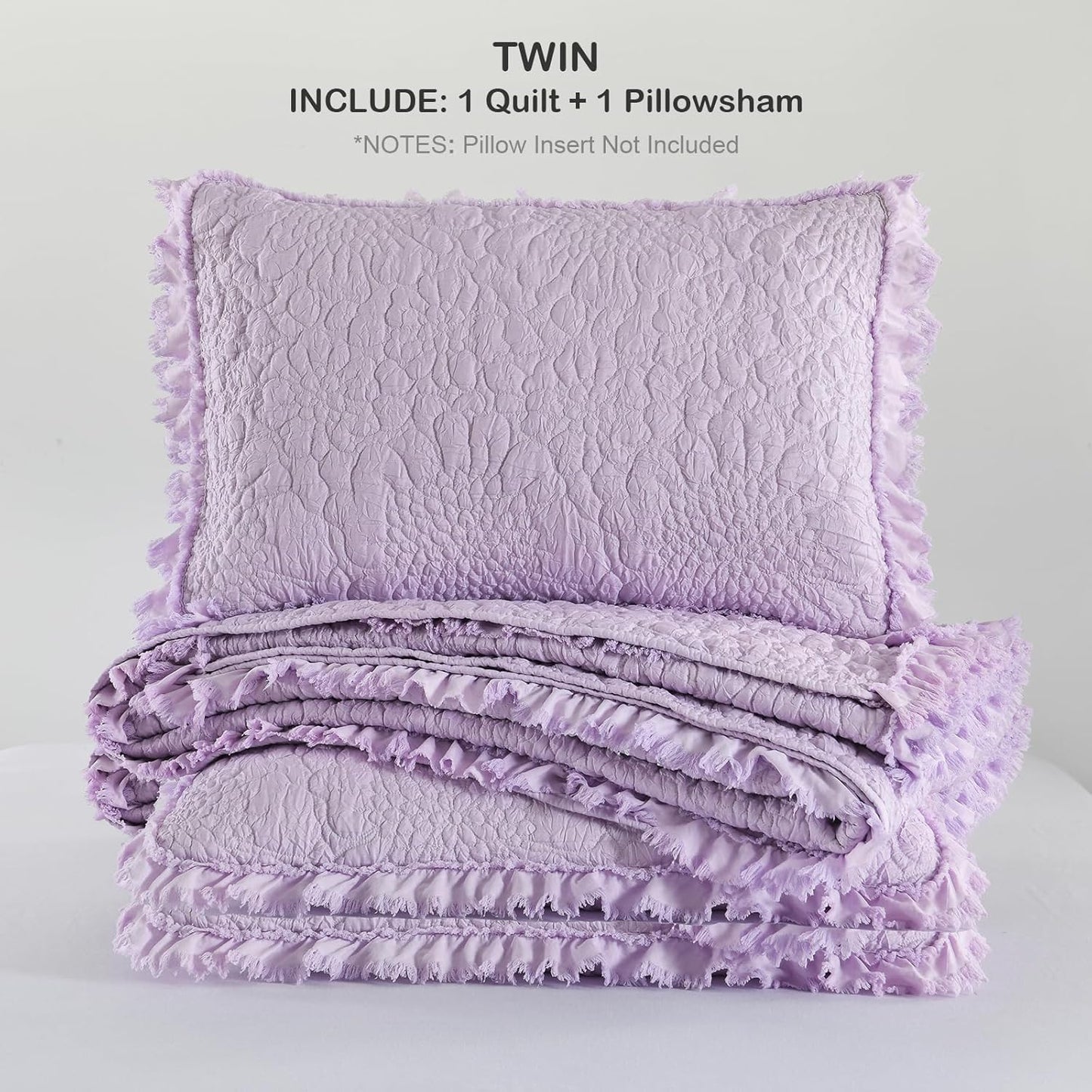 HORIMOTE HOME Lavender Ruffled Quilt Twin Size, Stone-Washed Microfiber Lightweight Crinkled Farmhouse Rustic Shabby Chic Bedding Set, 2 Pieces Reversible Bedspread with Pillow Sham for All Season