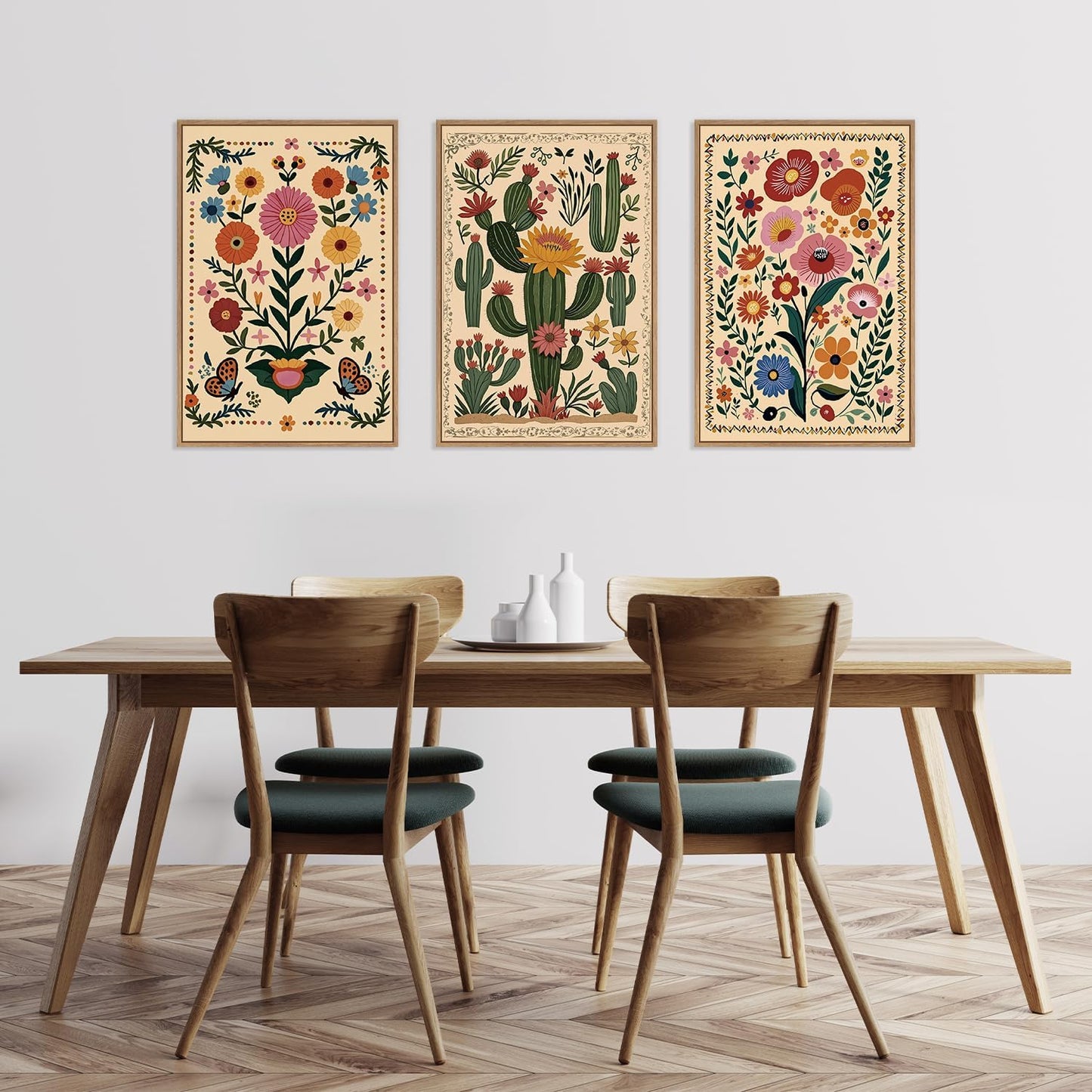 HLNIUC Vintage Flower Framed Canvas Wall Art,Colorful Desert Cactus Flower Wall Decor Set of 3(16”x24”)Boho Botanical Floral Butterfly Wall Painting,Large Desert Plant Art Print for Living Room,Office