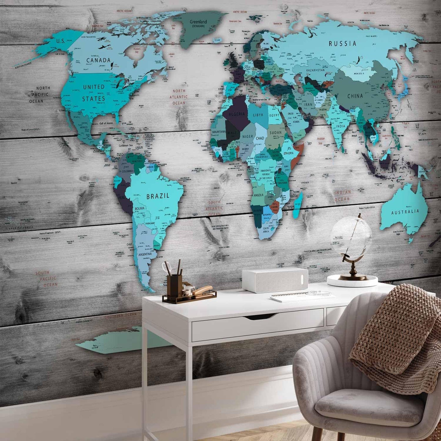 artgeist Premium Wall Mural World Map 98x69 in - XXL Non-Woven Wallpaper Fleece Wall Decor Photo Print Picture Image Design Home Map of The World k-B-0009-a-d