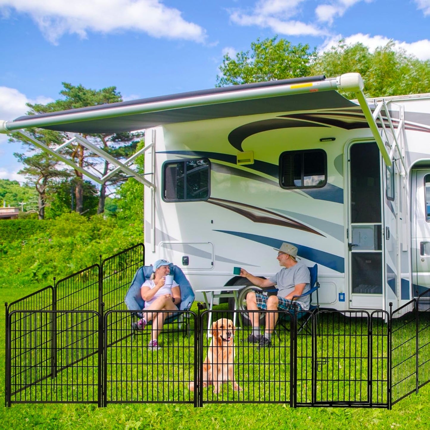 ADAVIN 40 in(H) Garden Fence with Low Threshold Door, Dog Fence Outdoor for Yard, 8 Panels Total 17.7 Ft(L) Dog Playpen,Black Metal Dog Play Pen Indoors, Pet Puppy Playpen for Camping, Dog Fencing