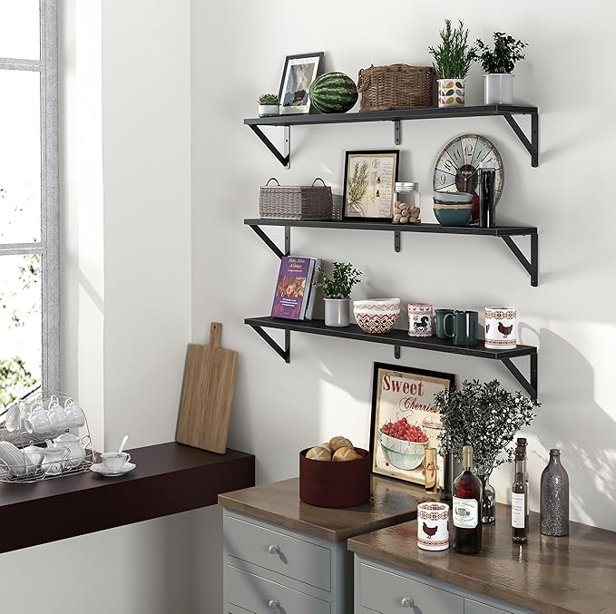 Heimlove Floating Shelves for Wall, 36 Inch Long Wood Floating Bookshelf Set of 3, Wall Mounted Hanging Shelf for Bathroom Bedroom Kitchen, Black