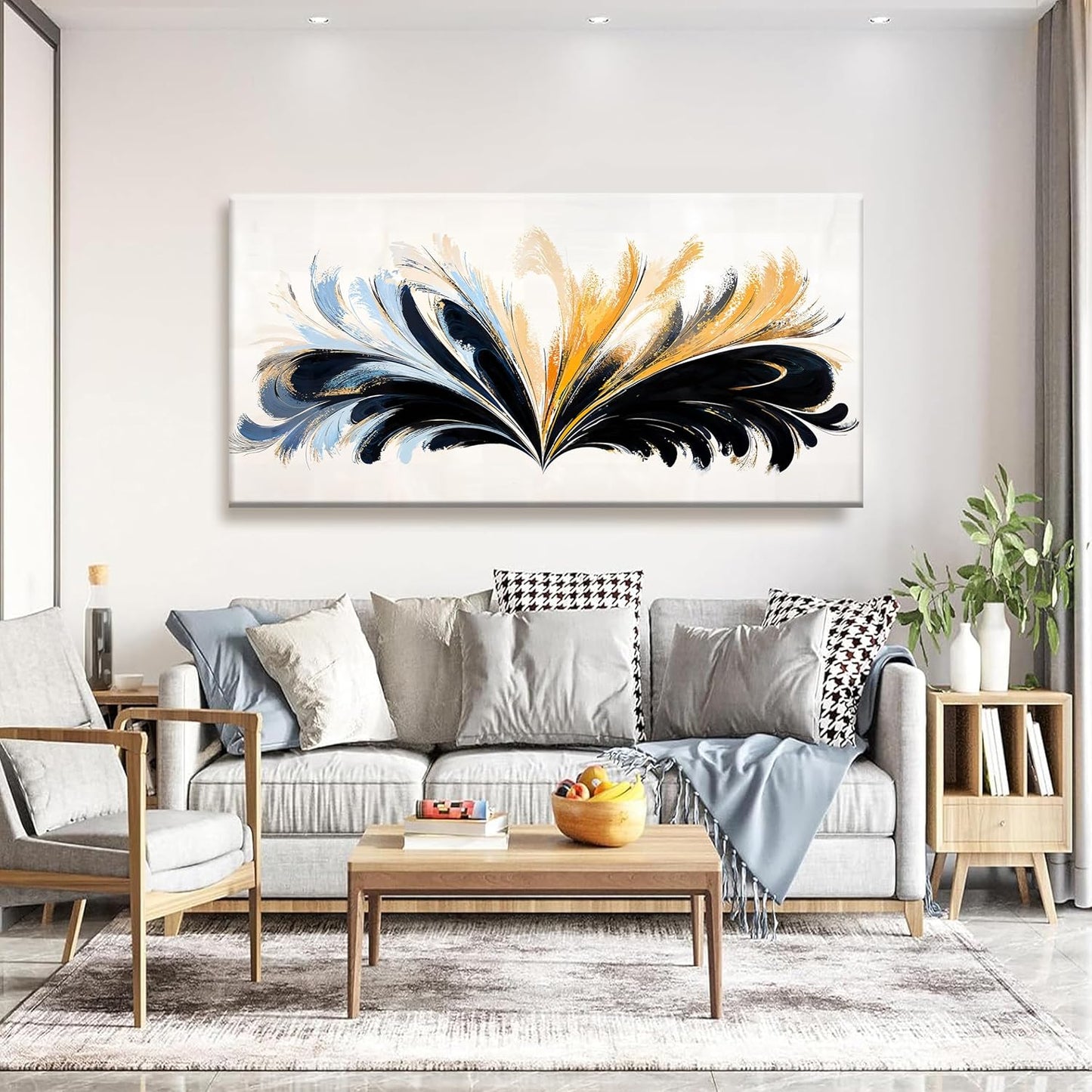 QSQ Modern Canvas Art Wall Decor Painting Black And Gold Abstract Wall Art For Living Room Blue Feather Graffiti Abstract Wall Decor Prints Artwork For Bedroom Office Home Wall Decoration 24" X 48"