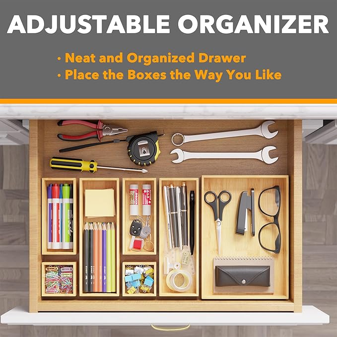 SpaceAid 7-Piece Bamboo Drawer Organizer Storage Boxes Set, Wood Tray Junk Drawer Organizers Multi-Use Divider Bins for Kitchen, Bathroom, Office Desk and Makeup Organization (7 Pack, Natural)