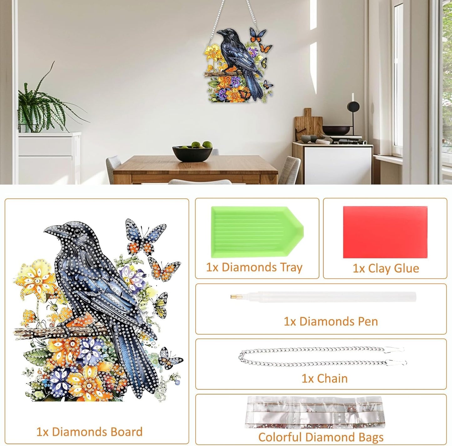 SENQAO Crow Diamond Art Hanging Kit for Adult, Special Shaped Rhinestone, Double Sided DIY Acrylic Diamond Art Painting Window Pendants Home Garden Wall Hanging Kits Hanging Ornament