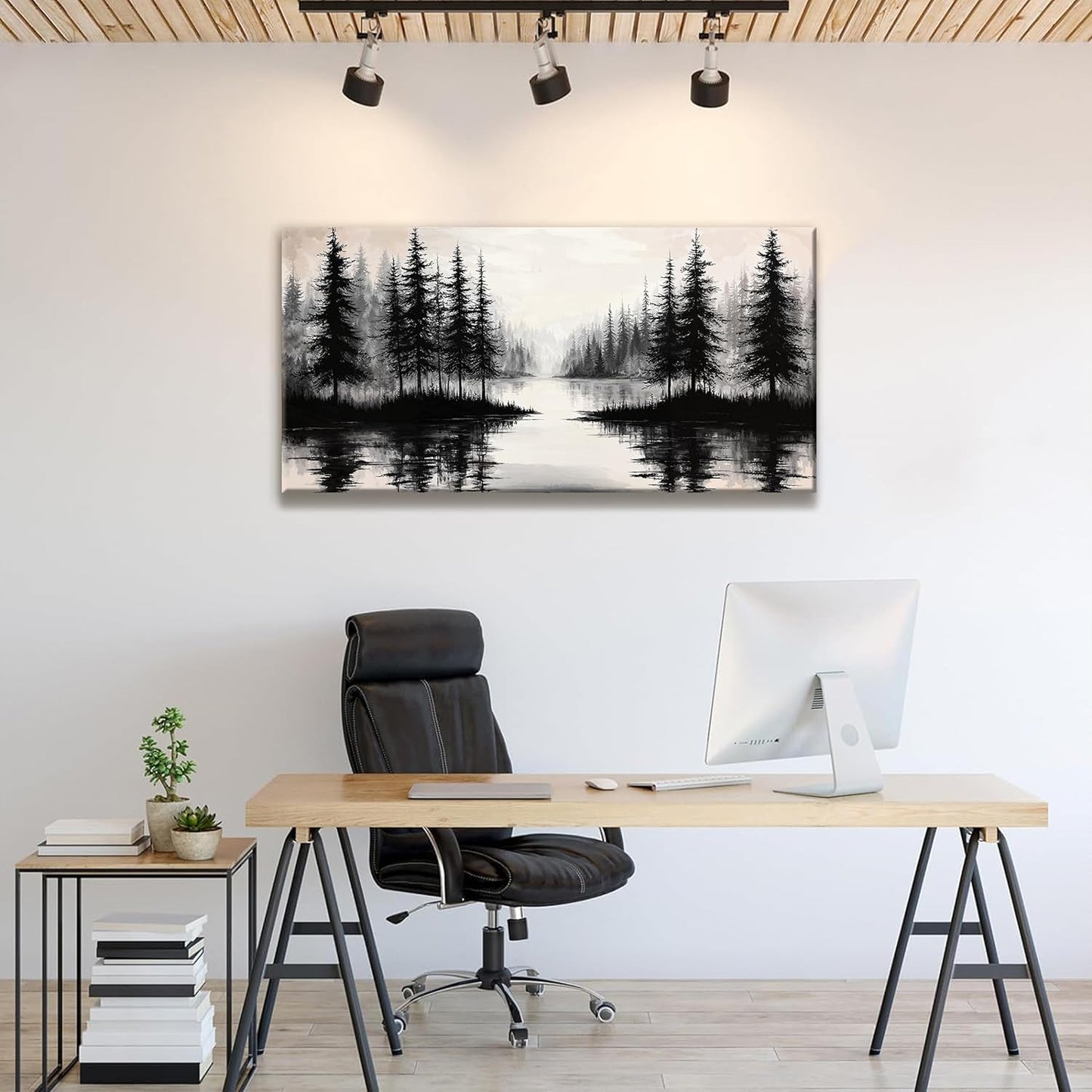 QSQ Black Wall Art For Living Room Canvas Art Wall Decor Print Modern Wall Art Forest River Landscape Painting Picture For Bedroom Office Apartment Hotel Home Wall Decoration 24 X 48 In