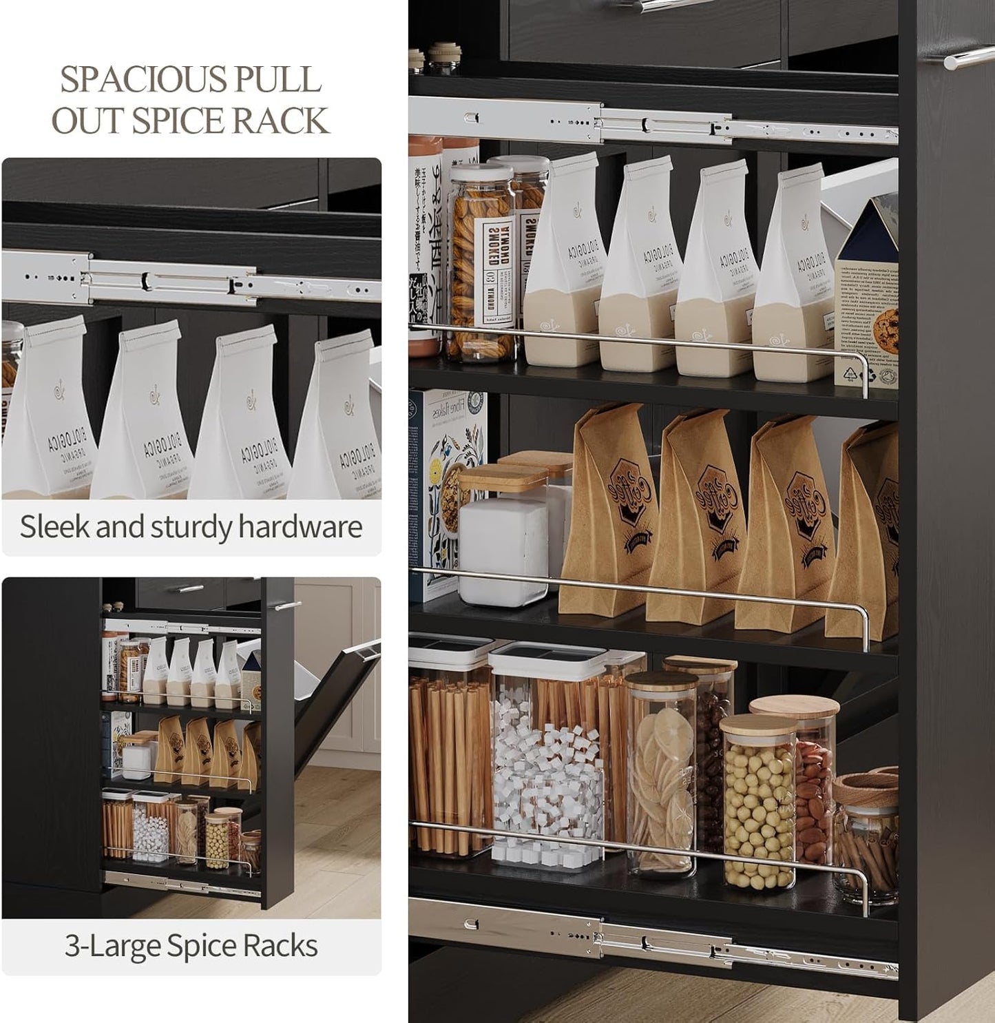 4 EVER WINNER Kichen Island with Storage,Rolling Kitchen Island Cart on Wheels,Mobile Island with Wooden Countertop for Kitchen,Black