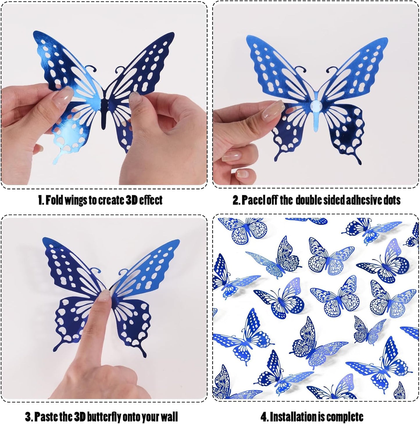 SAOROPEB Butterfly Wall Stickers, 48 Pcs 4 Styles 3 Sizes, Metallic Paper, Removable, Navy Blue, Art Deco Decor for Wall