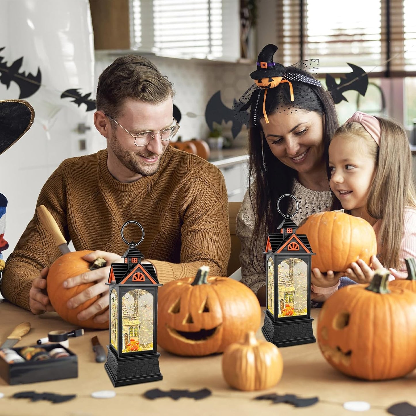 Halloween Snow Globe Lantern, Spooky Ghost Halloween Decor, Plug-in & Battery Operated Snow Globes for Halloween Decorations Indoor