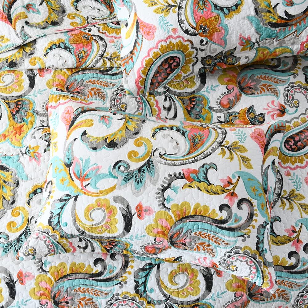 Autumn Dream Cotton Bedspread Quilt Sets, 3 Pieces Reversible Comforter Coverlet Sets,White Floral Paisley,Queen Size