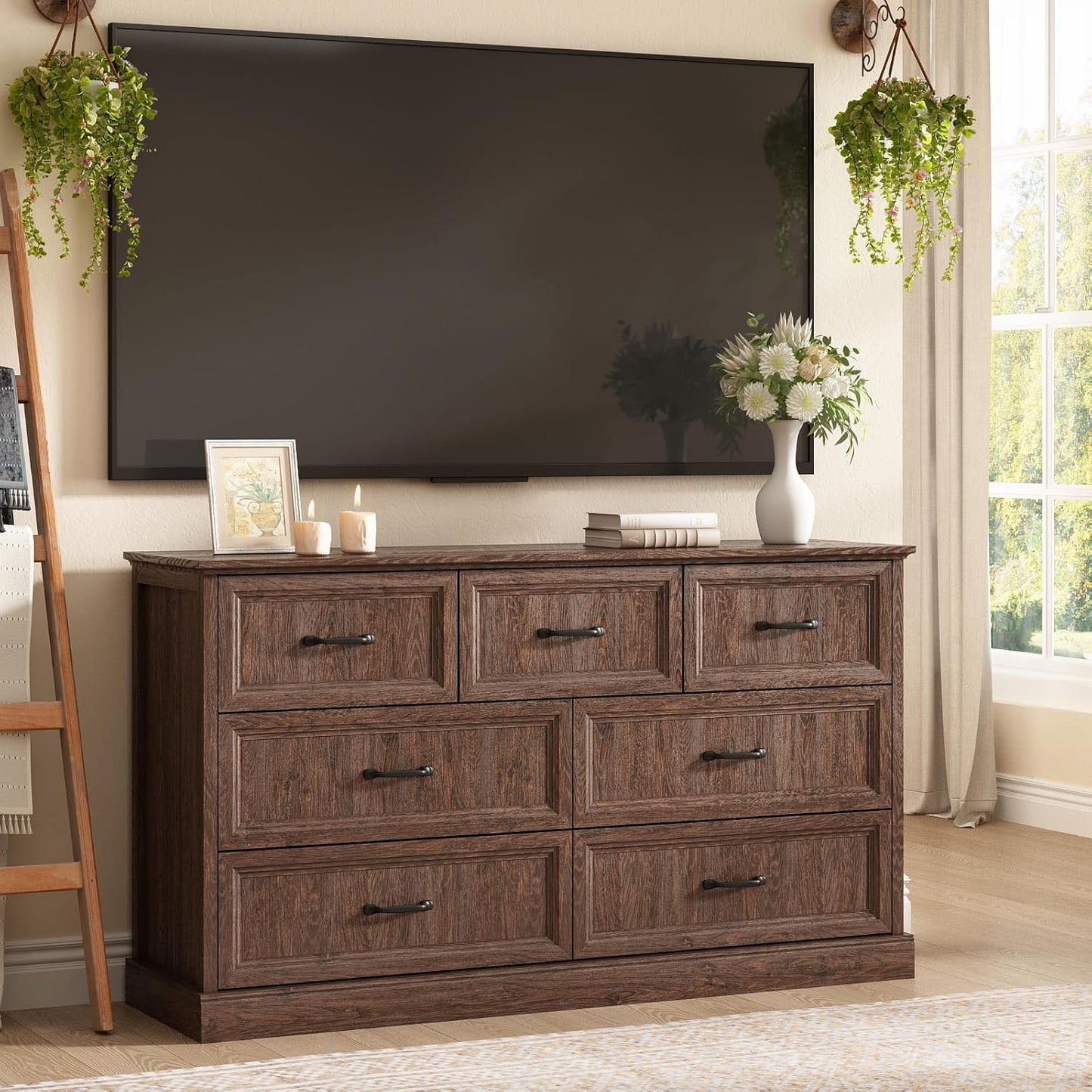 Farmhouse 7 Drawer Dresser for Bedroom, 55 Inch Wide Modern Brown Dresser TV Stand with Large Drawers & Bar Handles, Rustic Wood Chest of Drawers for Bedroom, Living Room, Hallway, Entryway.