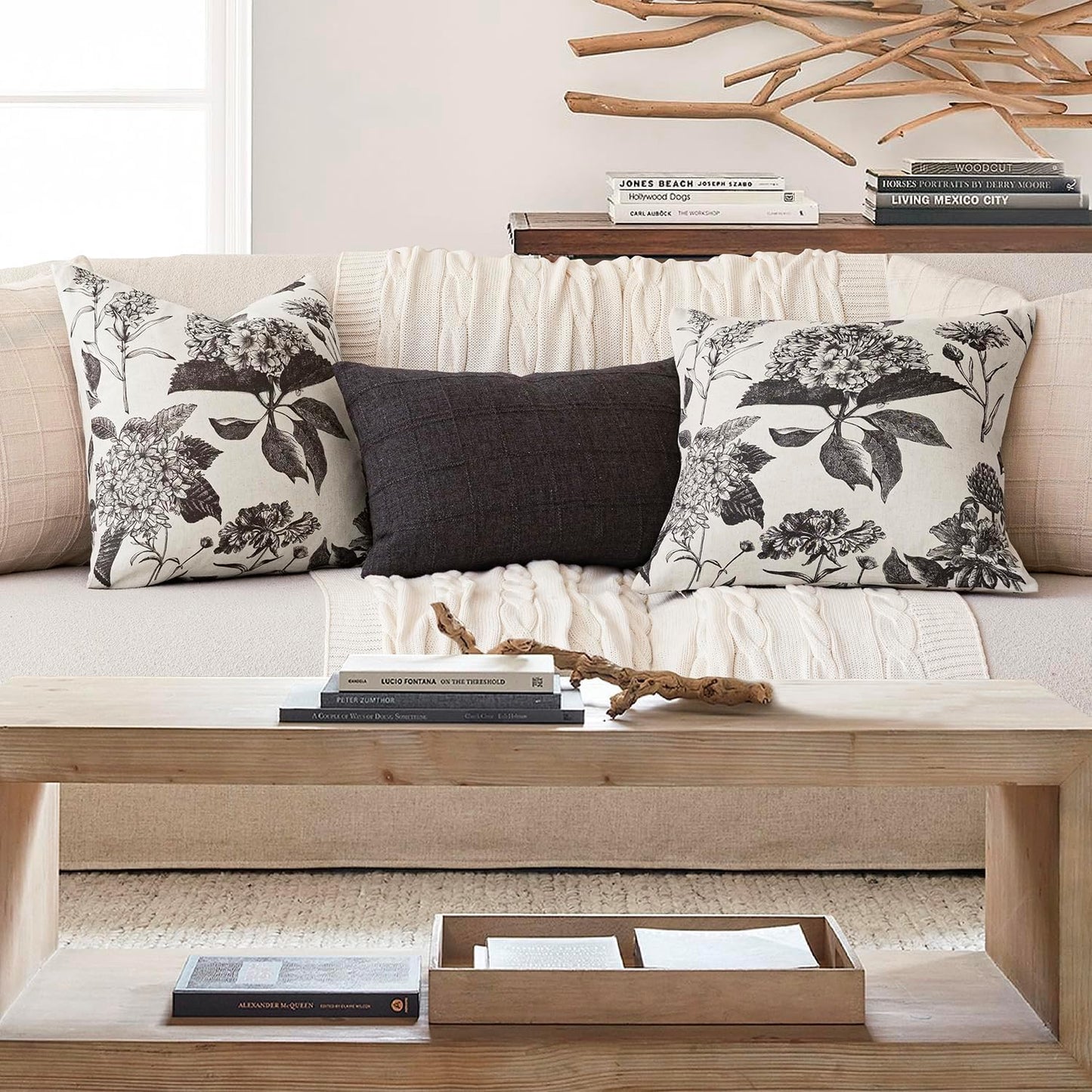 Foindtower Set of 2 Linen Floral Vintage Throw Pillow Covers Neutral Accent Print Decorative Cushion Covers Farmhouse Boho Home Decor for Sofa Chair Couch Bedroom Living Room Outdoor,24×24 Inch,Black