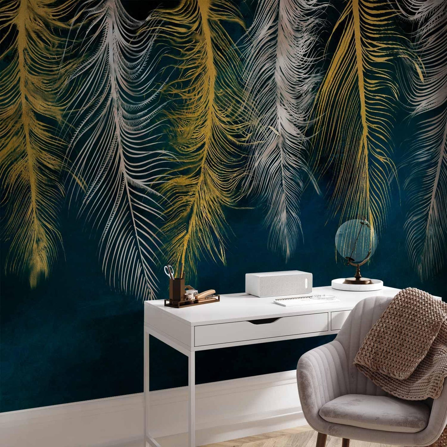 artgeist Wall Mural Feather 118x83 in - XXL Non-Woven Wallpaper Fleece Wall Decor Photo Print Picture Image Design Landscape Abstract Beige Navy Blue b-A-0812-a-a