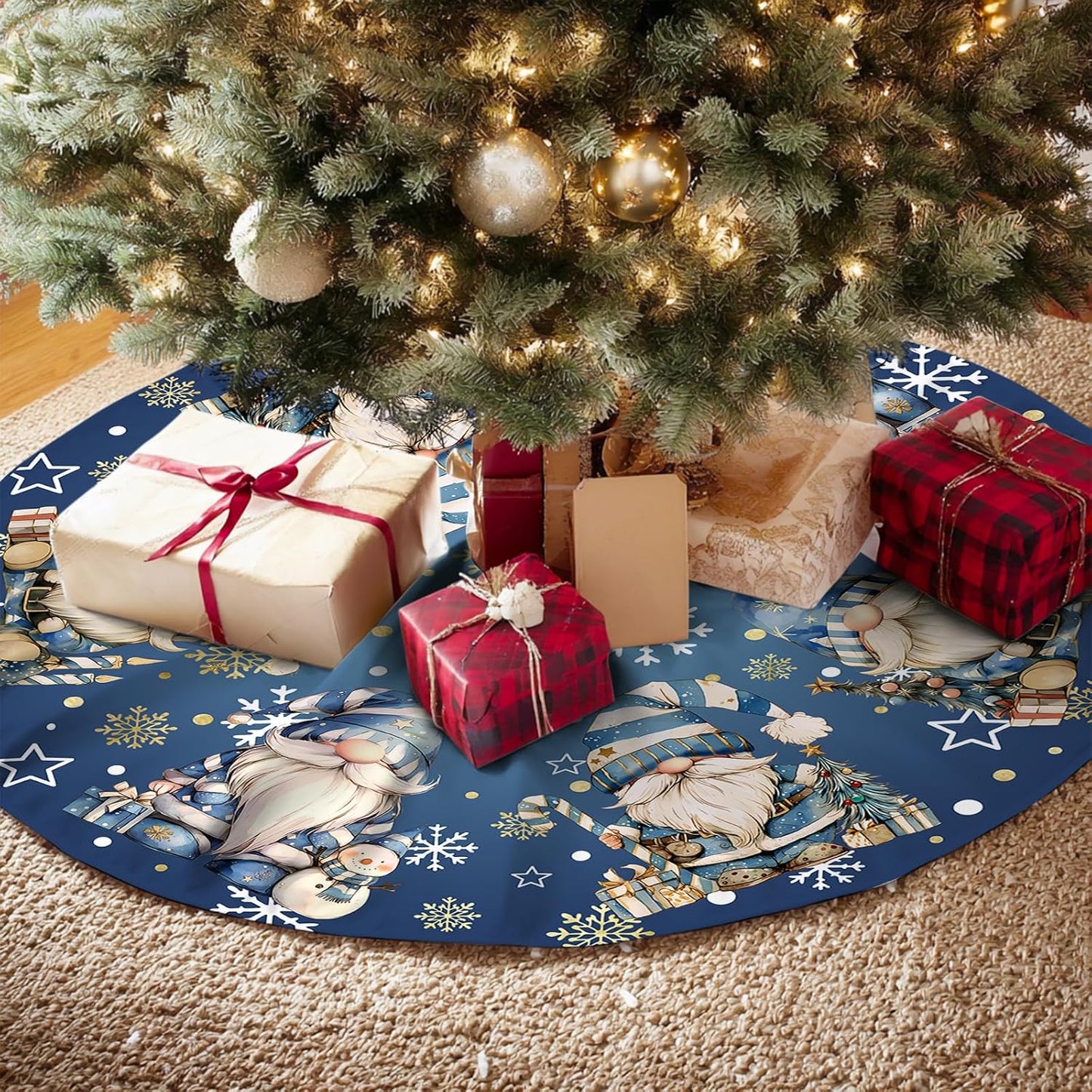 Blue Gnomes Christmas Tree Skirt Gnomes Snowflaks Christmas Decorations House Decor Winter Holiday Party Xmas Tree Skirt 36 inches