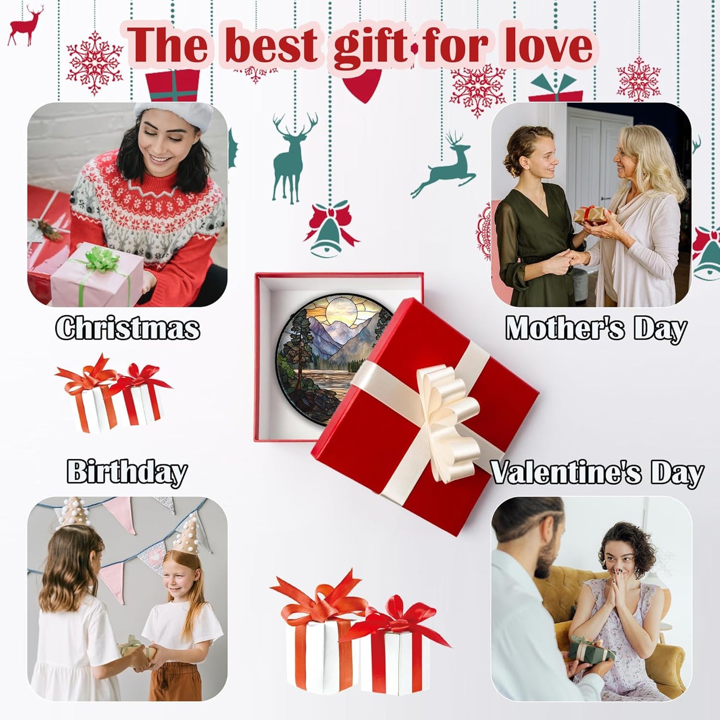 Stained Glass Window Hanging, Sunset Mountains Lake Tree Sun Catcher for Window Home Decor Landscape Suncatcher Mother's Day Birthday Gifts for Women Men Mom and Nana 7.8 in