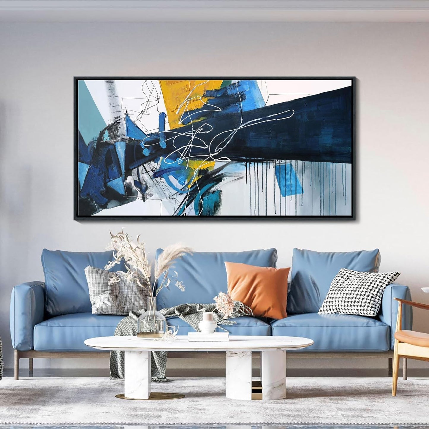 KLAKLA Extra Large Wall Art for Living Room - Blue and white Canvas Framed Wall Decor Living Room Abstract Picture Artwork for Office Bedroom Decorative Paintings