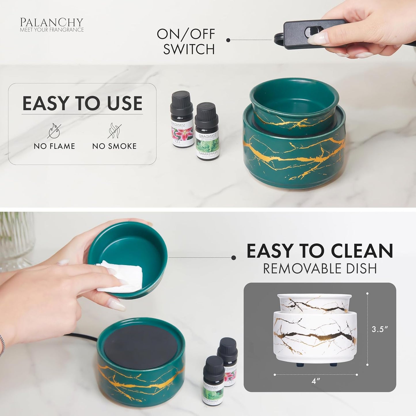 PALANCHY Wax Melt Warmer Ceramic 2-in-1 Oil Burner Electric Candle Wax Warmer Burner Melter Fragrance Warmer for Scented Waxs Home Office Bedroom Aromatherapy Gift& Décor (Green Gold)
