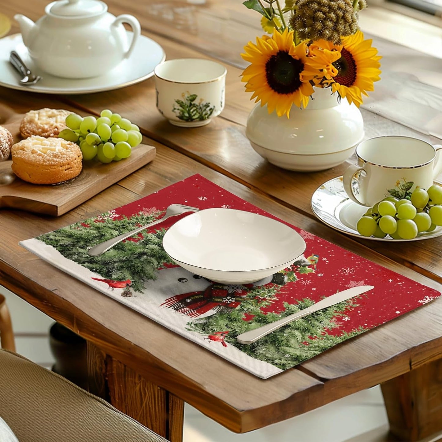 Snowman Christmas Red Placemats Set of 4 Xmas Tree Cardinal Snowflakes Linen Table Mats Seasonal Winter Holiday Place Mats Washable Placemat for Party Kitchen Dining Outdoor Indoor Decor